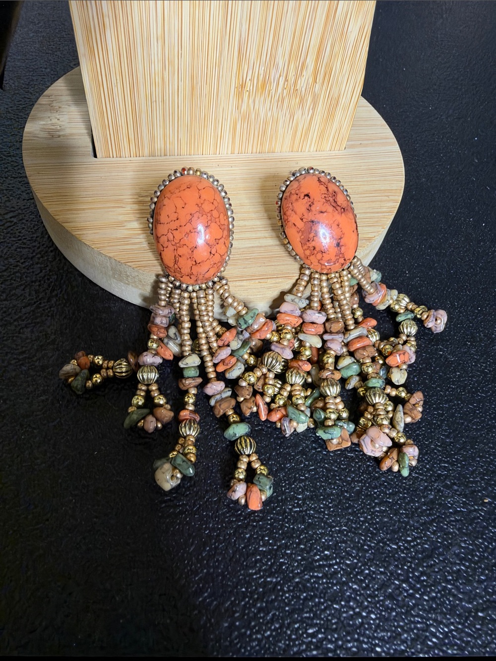 Vintage Artisan Acrylic Beaded Orange Statement Dangle Clip On Earrings Jewelry